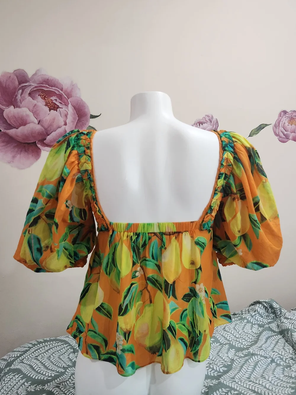 Orange Lemon-Print Peasant Blouse Farm Rio  - Womens Size Xs